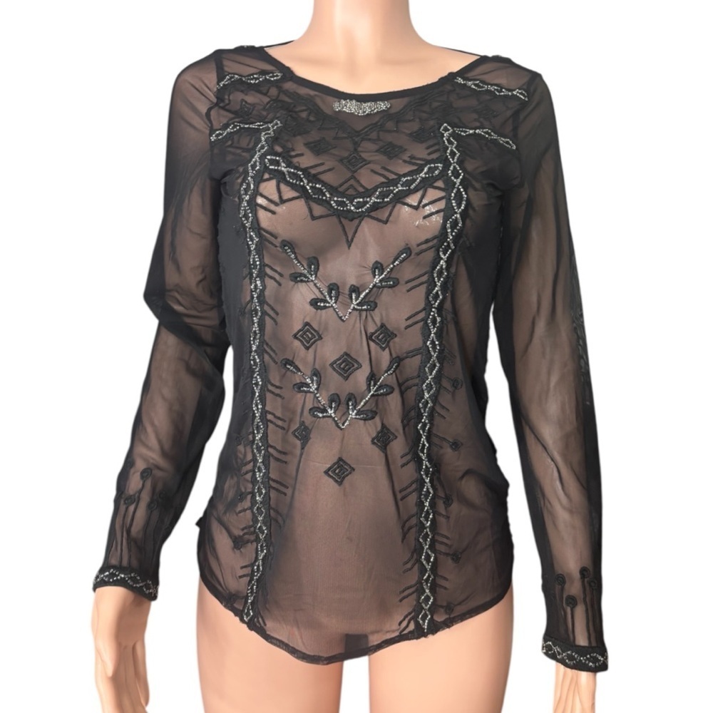 FREE PEOPLE Women’s Elegant Black Sheer Embroidered Top